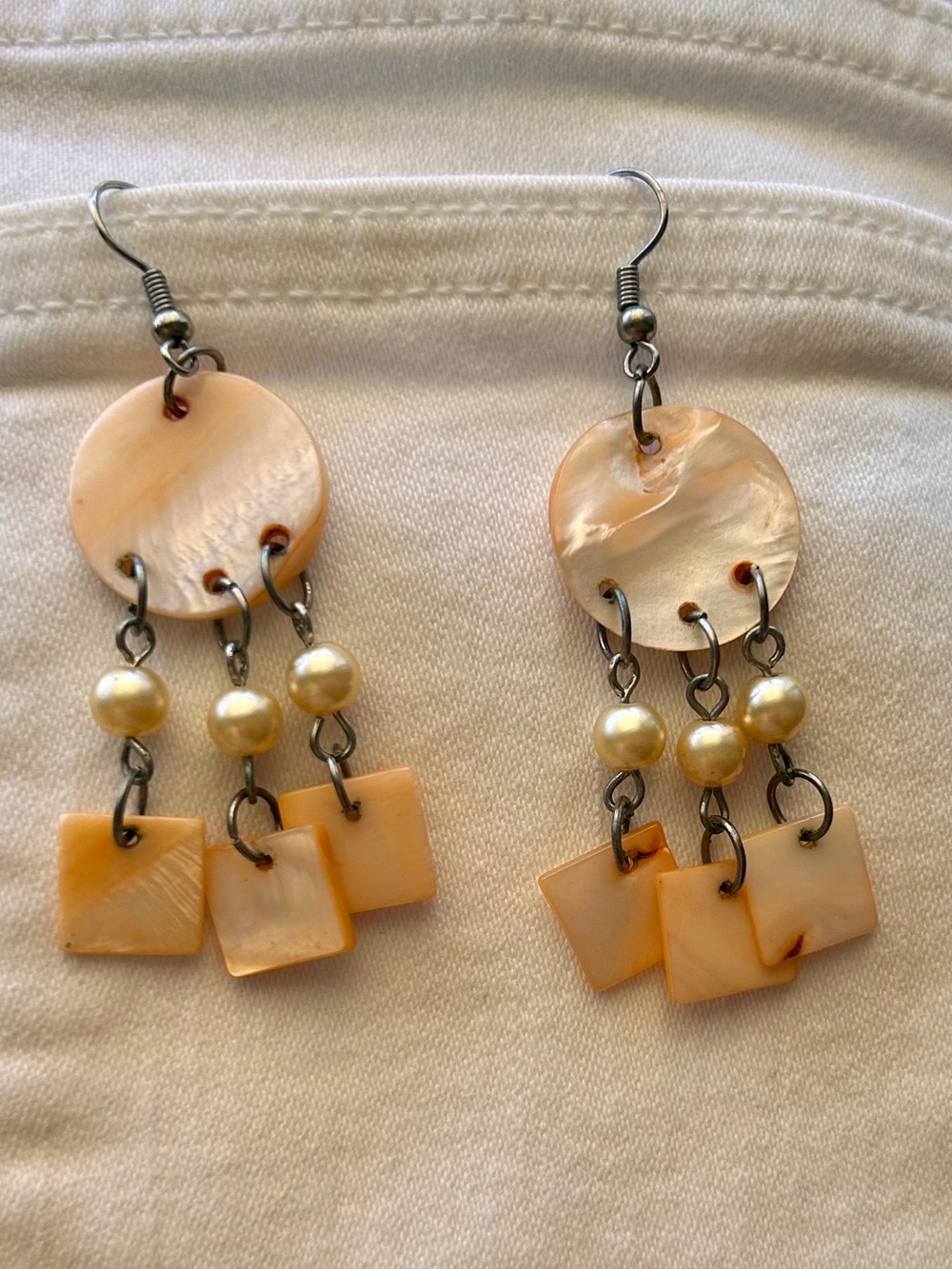 Vintage Boho Peach-Toned Mother of Pearl Dangle Earrings with Pearl Accents